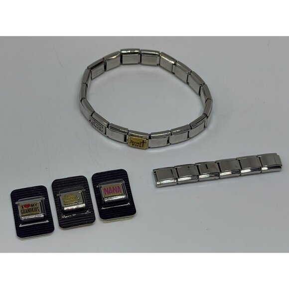 Italian Link Charm Bracelet Silver Tone 27 Links Charms & Blank Links Stainless - Picture 3 of 4